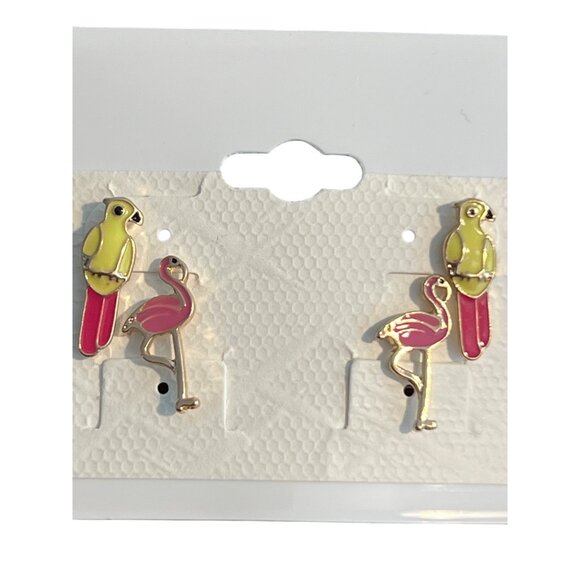 2 Pair Bird Stud Earrings Flamingo Parrot Gold Tone Enamel Pink Yellow .75" NEW - Picture 2 of 5
